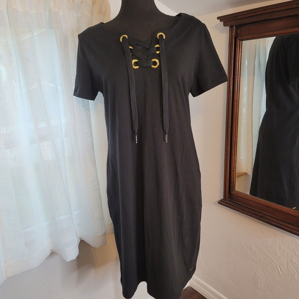 Calvin Klein Lace Up Neck Dress Black Jersey Knit Knee Length Casual Chic M/L